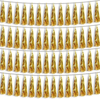 4P Gold Foil Fringe Metallic Tassel Streamers Banner Tassel Garland for Parade Floats, Bachelorette, Wedding, Birthday, Halloween, Christmas, Bridal/Baby Shower Party Decorations
