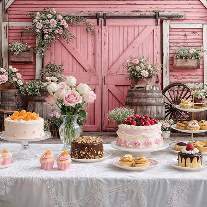 10x10ft Country Wedding Pink Photography Backdrop Rustic Wooden Door Photography Backdrop Farmhouse Flower Western Girl Birthday Baby Shower Wedding Bridal Party Banner Photo Booth Props Background