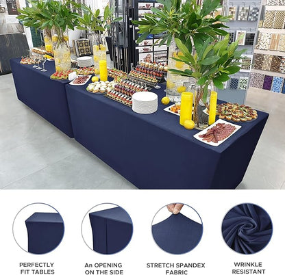 Nasitos Fitted Table Covers Stretch Spandex - 72 x 30 Inch - 2 Pack Navy Rectangle Table Clothes for 6 Foot Folding Tables, Wrinkle Resistant Tablecloths for Parties, Trade Show, Craft Show, Birthday