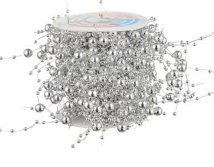 13Feet Pearl String Spool Roll for Floating Candles Faux Pearls Strands Garland for Vase Filler Wedding Centerpiece Christmas Table Decor (Silver)