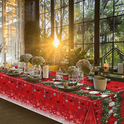 1Pieces Merry Christmas Tablecloth Plastic Christmas Tree Ball Table Cover Rectangle Winter Snowflake Tablecloth for Merry Christmas Holiday New Year Eve Party Decorations Supplies,54x108inch