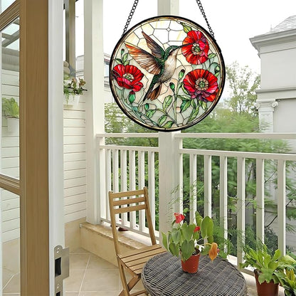 Stained Glass Window Hanging - Green Hummingbird Red Flower Suncatcher for Door Terrace Garden Home Decor Bird Landscape Sun Catcher Birthday Gifts for Lovers Women Men Dad Mom Nana 15 in
