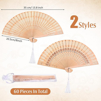 Qunclay 60Pcs Wooden Hand Fans Folding Wedding Fans for Guest Chinese Hollow Pattern with White Tassel and Gift Bag for Wedding Bridal Shower Birthday Party Favors Gift and Home Decor(Mixed Style)
