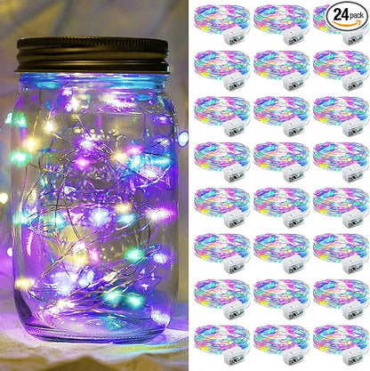 24 Pack Fairy Lights 7Ft 20 LED Twinkle String Lights 3 Modes Battery Operated Waterproof Firefly Starry for Mason Jar Party Wedding Christmas Valentines Day Table Centerpieces,Multicolor