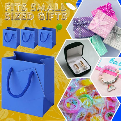 Sherr 100 Pack Mini Gift Bags Bulk, 4 x 2.75 x 4.5 Inches Paper Bags with Tags, Extra Small Paper Gift Boxes with Handles for Birthday, Party Favors, Weddings, Small Business(Blue)