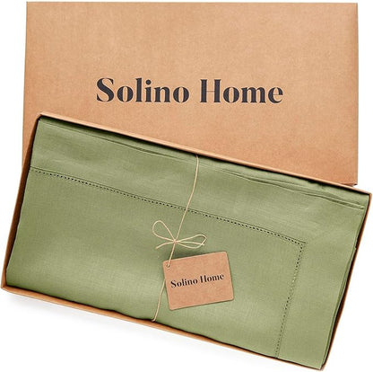 Solino Home Linen Tablecloth 60 x 132 Inch - Classic Hemstitch 100% Pure Linen Moss Green Table Cloth for Rectangle Tables - Machine Washable Tablecloth for Fall, Autumn, Thanksgiving