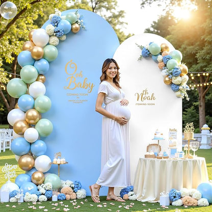 7.2FT 6FT Arch Backdrop Cover for Wedding, Set of 2 Stretchy Spandex Fitted Arch Stand Cover for Baby Shower, Birthday Party Decor, Chiara Backdrop Cover with Double-Sided Design(White, Blue)