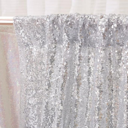 Poise3EHome Silver Sequin Backdrop Curtains,2ft x 8ft Sequin Photography Backdrop Curtain 2 Panels for Party Decoration