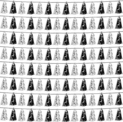8P Black Silver Foil Fringe Metallic Tassel Streamers Banner Tassel Garland for Parade Floats, Graduation, Wedding, Birthday, Halloween, Christmas, Bridal/Baby Shower Party Decorations