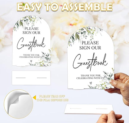 Greenery Please Sign Our Guestbook Sign, 6 x 8 Inch White Arch Acrylic Wedding Sign with Holder, Wedding Sign for Ceremony and Reception, Wedding Decoration, Wedding Supplies - LY02