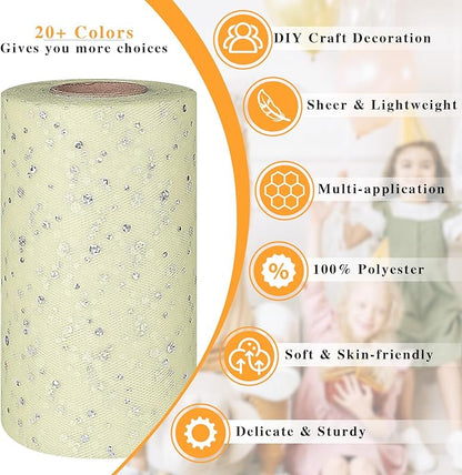 Glitter Tulle Rolls, 6' by 50 Yards (150FT) Sequin Tulle Netting Fabric for Tutu Skirts Sewing Birthday Wedding Party Decoration (Ivory)