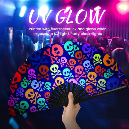 SYNTECSO Folding Hand Fan for Rave, UV Glow Fan, Large Bamboo Fan for Drag Queen, Women and Men Gift，Chinese Japanese Clack Fan for Parties, Music Festivals, EDM and Decoration