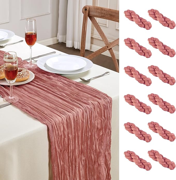 Cheesecloth Table Runner 10FT Long Boho Gauze Table Runner Rustic Sheer Runner for Wedding Bridal Baby Shower Birthday Party Table Decor Thanksgiving Christmas Decorations (12pcs, Rose)