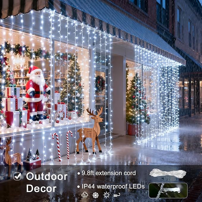 JMEXSUSS 900LED Christmas Curtain Lights Outdoor with Remote, 9.5x29.5ft White Christmas Lights Indoor Plug in, Hanging String Lights for Bedroom Wedding Backdrop Wall Window Xmas Decoration