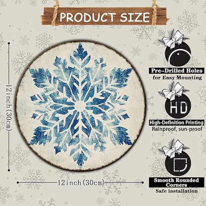 Round Christmas Metal Tin Sign Vintage Snowflake Signs Winter Christmas Sign Retro Wall Decor Tin Sign Funny Decorations for Home Cafes Office Store Pubs Tin Sign 12 * 12 in