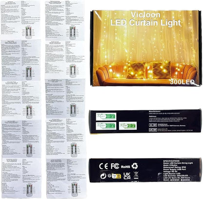 Vicloon Fairy Curtain Lights, Warm White LED 8 Mode 9.8x9.8Ft Waterproof Curtain String Lights for Indoor/Outdoor, Powered by USB with Remote Control