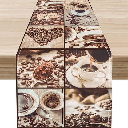 Coffee Theme Table Runner, Rustic Farmhouse Coffee Cup Latte Cappuccino Tea Party Cafe Table Center Decor for Home Kitchen Dining Patio Holiday Party Indoor Outdoor Table Decorations, 13"x36" Inch