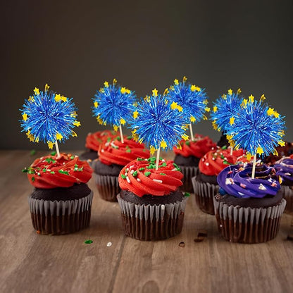 Ephlyn 30Pcs Foil Firework Cupcake Toppers Firework Cake Toppers Tinsel Flower Drink Stirrers Cocktail Food Fruit Toothpicks for Valentine's Day Party Decorations Blue