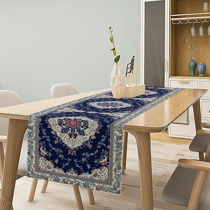 Elegant Palace Boho Blue Table Runner Vintage French Style Farmhouse Geometric Home Farmhouse Kitchen Table Dining Coffee Room Garden Party Wedding Decor 13x108in