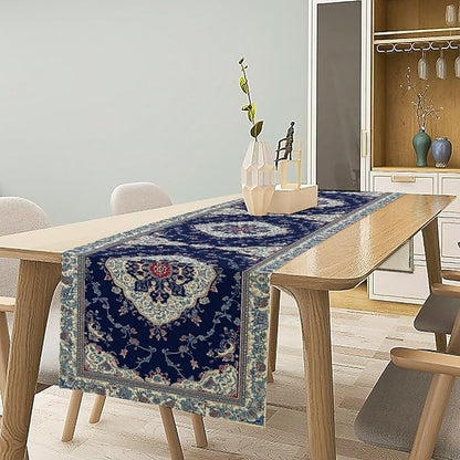 Elegant Palace Boho Blue Table Runner Vintage French Style Farmhouse Geometric Home Farmhouse Kitchen Table Dining Coffee Room Garden Party Wedding Decor 13x90in