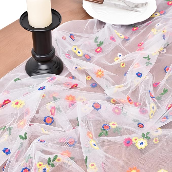 Joanlody 3pcs Ivory Embroidery Daisy Fall Thanksgiving Table Runner 10ft Florals Seasonal Tulle Table Runner Holiday Kitchen Dining Table Decoration for Home Party Indoor