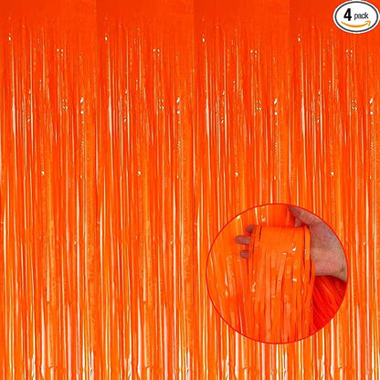 4 Pack Macaron Orange Foil Fringe Curtain Backdrop, 3.28Ft x 8.2Ft Metallic Tinsel Streamer Curtains, Birthday, Wedding, New Year’s, Christmas Decorations Party Supplies, One Size