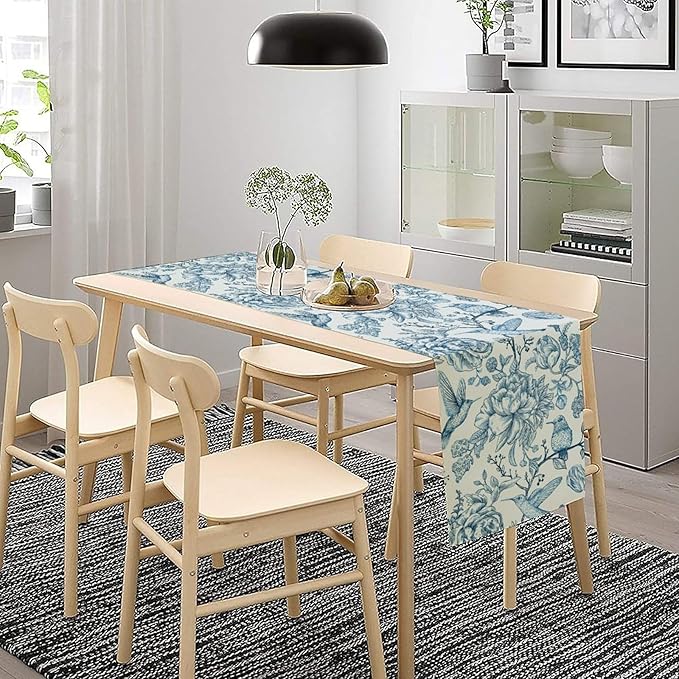Blue White Table Runner Retro Monochrome Sketch Birds Flower Vintage Floral Kitchen Dining Table Decoration for Home Party Holiday 13"x120"