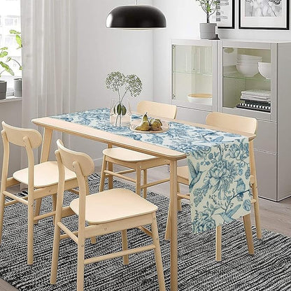 Blue White Table Runner Retro Monochrome Sketch Birds Flower Vintage Floral Kitchen Dining Table Decoration for Home Party Holiday 13"x108"