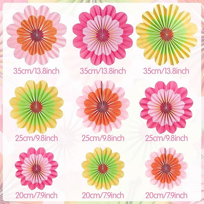 SUNBEAUTY 9 PCS Paper Flowers Decorations Hanging Carnival Paper Fans Decorations Flower Paper Fans Paper Floral Backdrop Spring Decorations