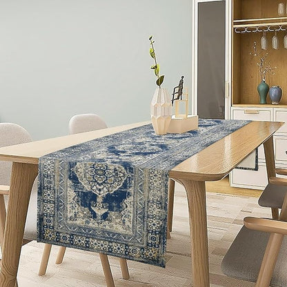 Vintage Boho Floral Table Runner, Rustic Country Farmhouse Blue Teal Retro Flower Pattern for Home Kitchen Table Decor Dining Coffee Room Party Decor 13x90in