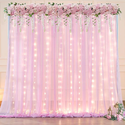 10x10ft Pink Chiffon Backdrop Curtain with Lights for Wedding Parties Baby Shower, Pink Sheer Backdrop Curtains for Girls Birthday Party Bridal Shower Photo Shoot Decor (5×10ft, 2 Panels)