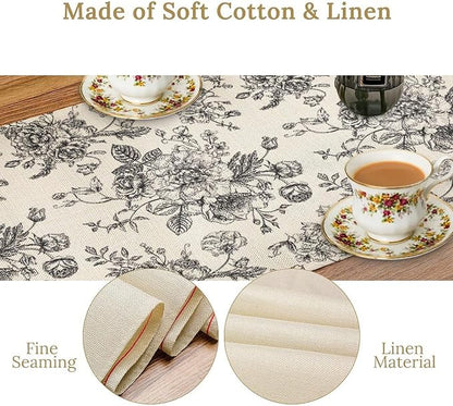 Vintage Flower Table Runner, Black White Wildfloral Floral Sketch Print Kitchen Dinning Table Runner for Indoor Outdoor Home Wedding Party Holiday, 13x108 Inch