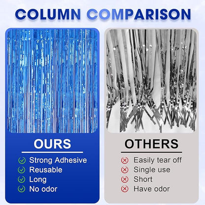 2 Pack Laser Blue Foil Fringe Backdrop Curtains, Tinsel Streamers Birthday Party Decorations, Fringe Backdrop for Graduation, Baby Shower, Gender Reveal, Disco Party
