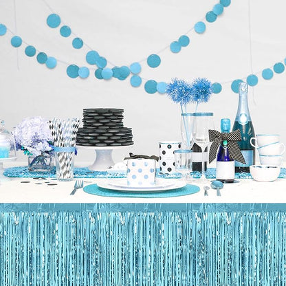 3 Pack 29x108 Inch Light Blue Foil Fringe Table Skirts Metallic Banner for Tinsel Streamer Garland Backdrop for Parade Floats Wedding Thanksgiving Birthday Christmas Halloween Party Decoration