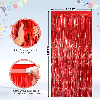 2Pack Red Foil Fringe Curtain, Glitter Red Metallic Tinsel Foil Fringe Curtains Photo Booth Backdrop for Birthday Party, Door Streamers for Wedding Bridal Shower Bachelorette Xmas Party Decorations
