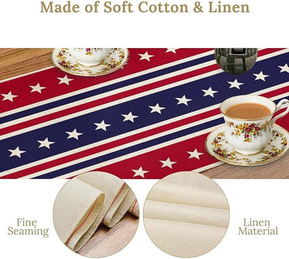4th of July Table Runner, USA Flag Stars Stripes American Independence Day Red Blue White Stars Lines Print Table Cover for Farmhouse Kitchen Indoor Outdoor Home Party, 13x108inch