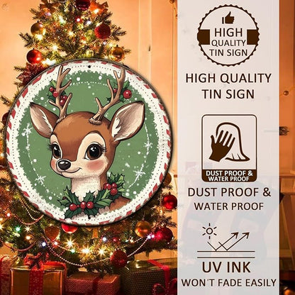 Round Retro Reindeer Metal Tin Sign - Vintage Christmas Decor for Home Coffee Wall - 12 * 12 in