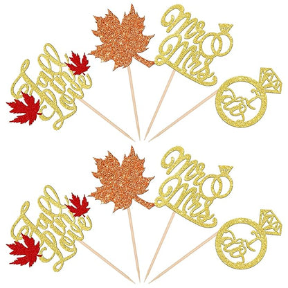 24 PCS Fall in Love Cupcake Toppers Glitter Maple Leaf Cupcake Picks Mr & Mrs Diamond I Do Cupcake Decorations for Autumn Wedding Engagement Bridal Shower Theme Party Cake Decorations Supplies