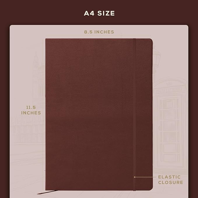 BEECHMORE BOOKS Lined Journal Notebook, 8.5 x 11.5 inch, A4 160 Lined Pages, Hardcover Leather Journals for Women, Men, Writing and Notebooks for Work - 120 GSM Thick Paper, Gifts Box Included (Chestnut Brown)