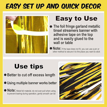 4 Pack 10 Ft Black and Gold Foil Fringe Garland Metallic Streamers Tinsel Banner Wall Hanging Garland Backdrop for Parade Floats, Halloween, Christmas, Thanksgiving, New Year Party Decorations