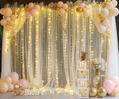 Champagne Tulle Photo Backdrop Curtain with Lights String for Parties Wedding Bridal Shower Sheer Champagne Curtain Backdrop for Birthday Party Baby Shower Photo Booth Photography 20ft x 10ft