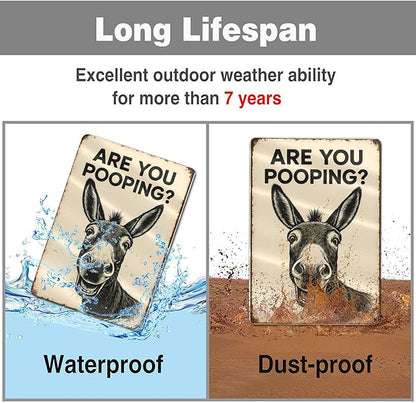Funny Donkey Bathroom Sign - "Are You Pooping?" Rustic Metal Tin Sign for Toilet, Restroom, Farmhouse Humor Decor - 8"x12" Wall Art Gift