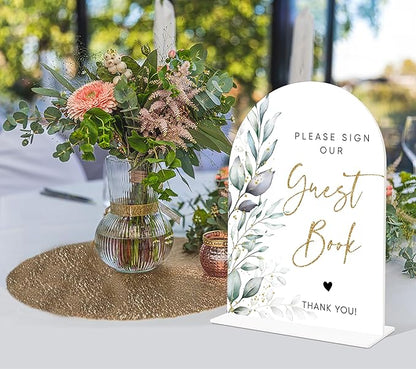 Acrylic Wedding Signs, Greenery Theme Please Sign Our Guestbook, Wedding Reception Signage, Bridal Shower Table Decor with Stand, Engagement, Anniversary, Newlywed Events and Parties Supplies, 19