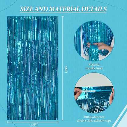 3 Pack Foil Fringe Backdrop - Blue Shiny Tinsel Curtains for Party Decoration/Photo Booth Props - 3.3x8.2 FT Metallic Foil Backdrop for Birthday, Wedding, Graduation, Christmas.