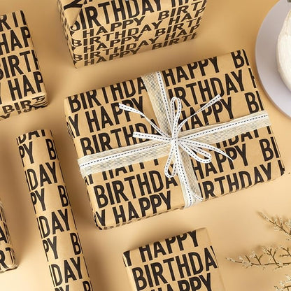 Yarcony Birthday Kraft Wrapping Paper Roll, Mens Gift Wrapping Paper - 17 Inch x 33 Feet - Vintage Style Brown Black Happy Birthday Gift Wrap Thick Present Sheet for Holiday, Party, Father's Day