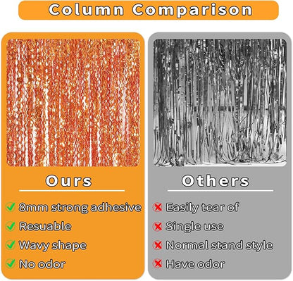 4 Pack Orange Wavy Metallic Tinsel Foil Fringe Curtains | 3.3 ft x 6.6 ft Party Streamer Backdrop Photo Booth for Orange Basketball Party Decorations Holloween Christmas