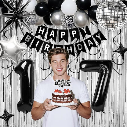 17th Birthday Decorations for Boys Girls, Black Silver Happy Birthday Party Decorations， 17 Year Old Party Supplies with Number 17 Balloons, Banner, Fringe Curtains Kit