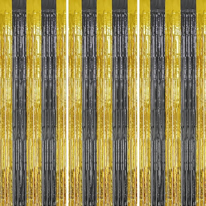 3 Pack Foil Fringe Backdrop - Black&Gold Shiny Tinsel Curtains for Party Decoration/Photo Booth Props - 3.3x8.2 FT Metallic Foil Backdrop for Birthday, Wedding, Graduation, Christmas.