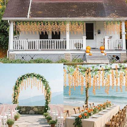 24 Pack Wisteria Hanging Artificial Fall Flowers Fake Flowers Ratta Hanging Garland Silk Flowers String for Home Garden Party Wedding Backdrop Arch Decor (Orange)