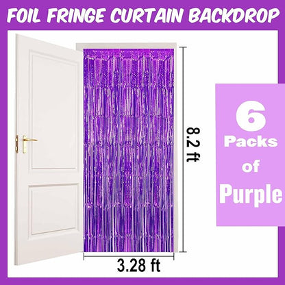 6 Pack Purple Foil Fringe Curtains Backdrop, 3.28 x 8.2 Ft Metallic Streamers Tinsel Curtains Background for Photo Booth, Birthday, Weddings, Carnivals, Graduation, Themed Party Decorations